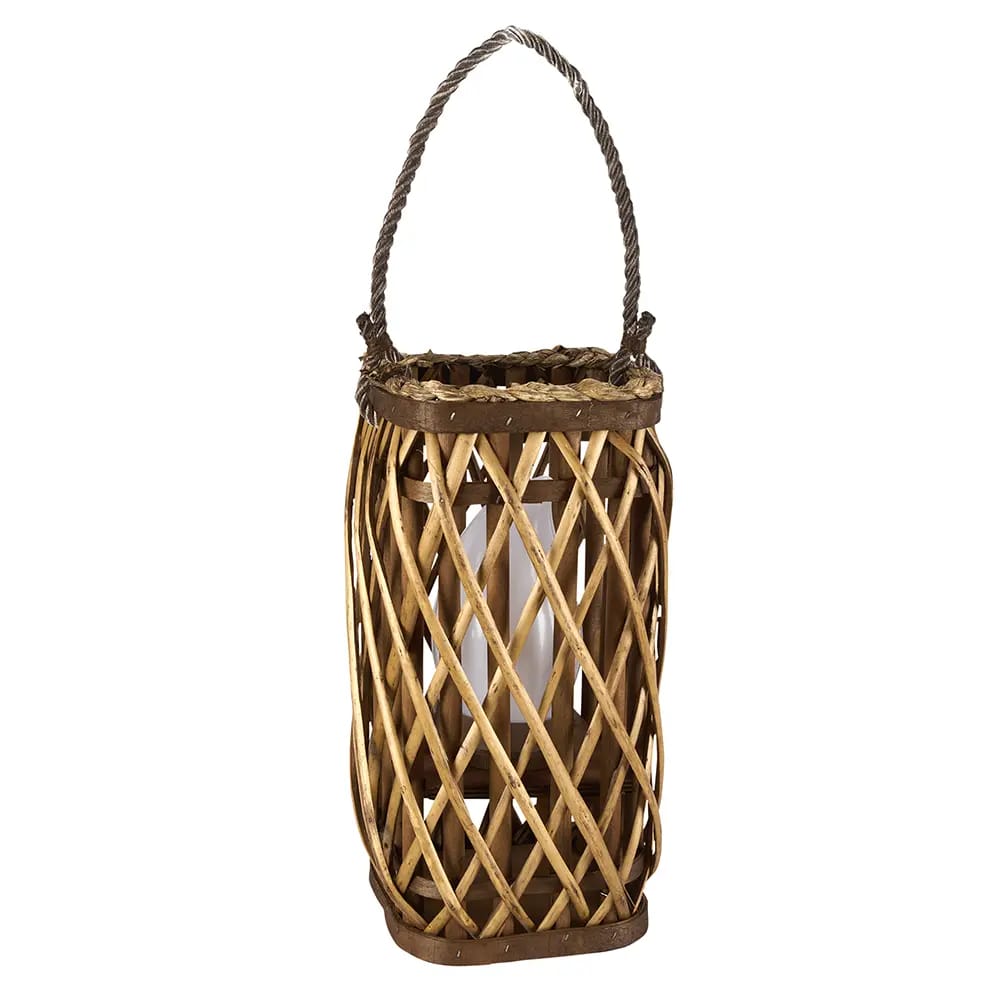 Barbara King Square Wicker Lantern With Remote, Caramel, 12"