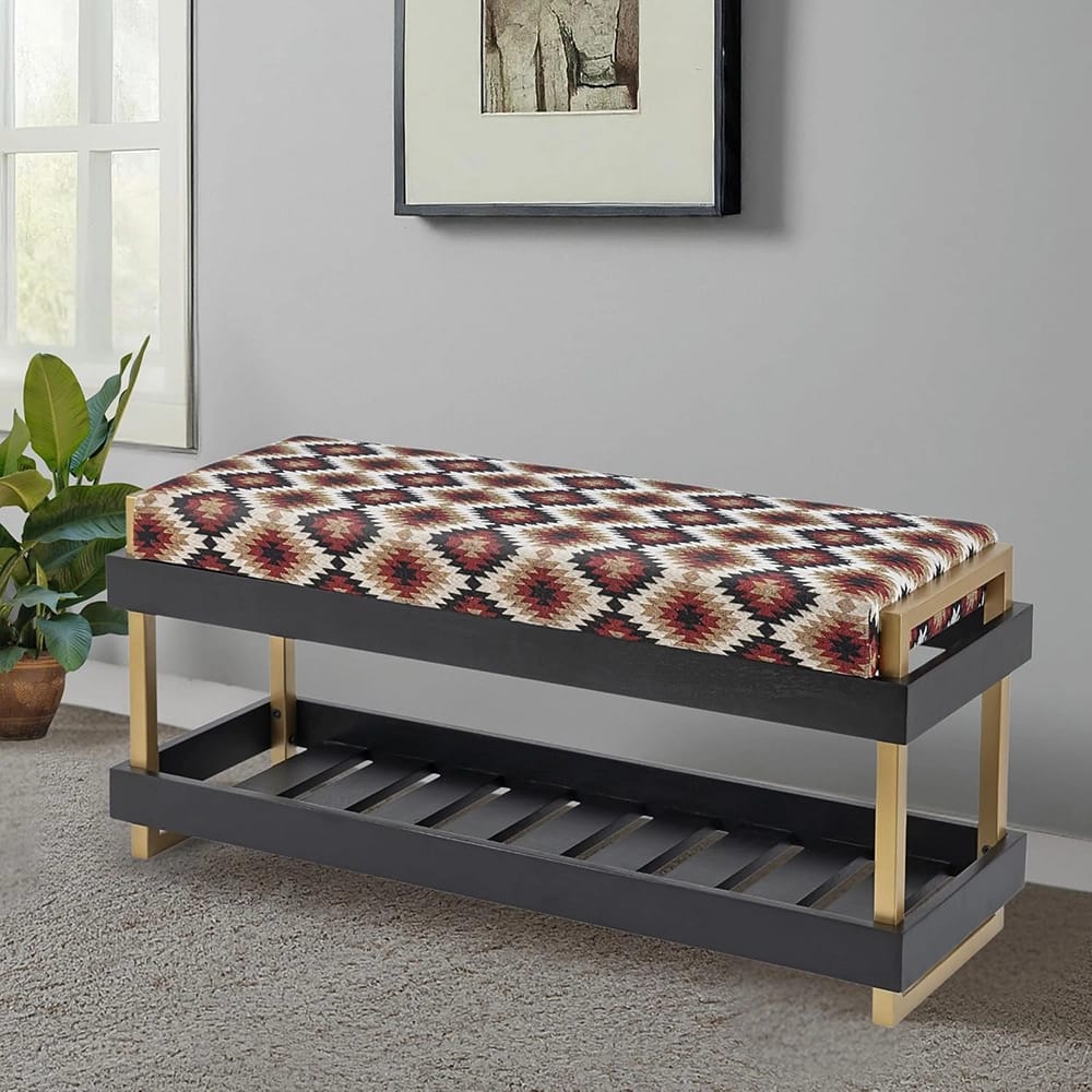 Albany Living Upholstered Bench with Wooden Shoe Rack, Red/Black