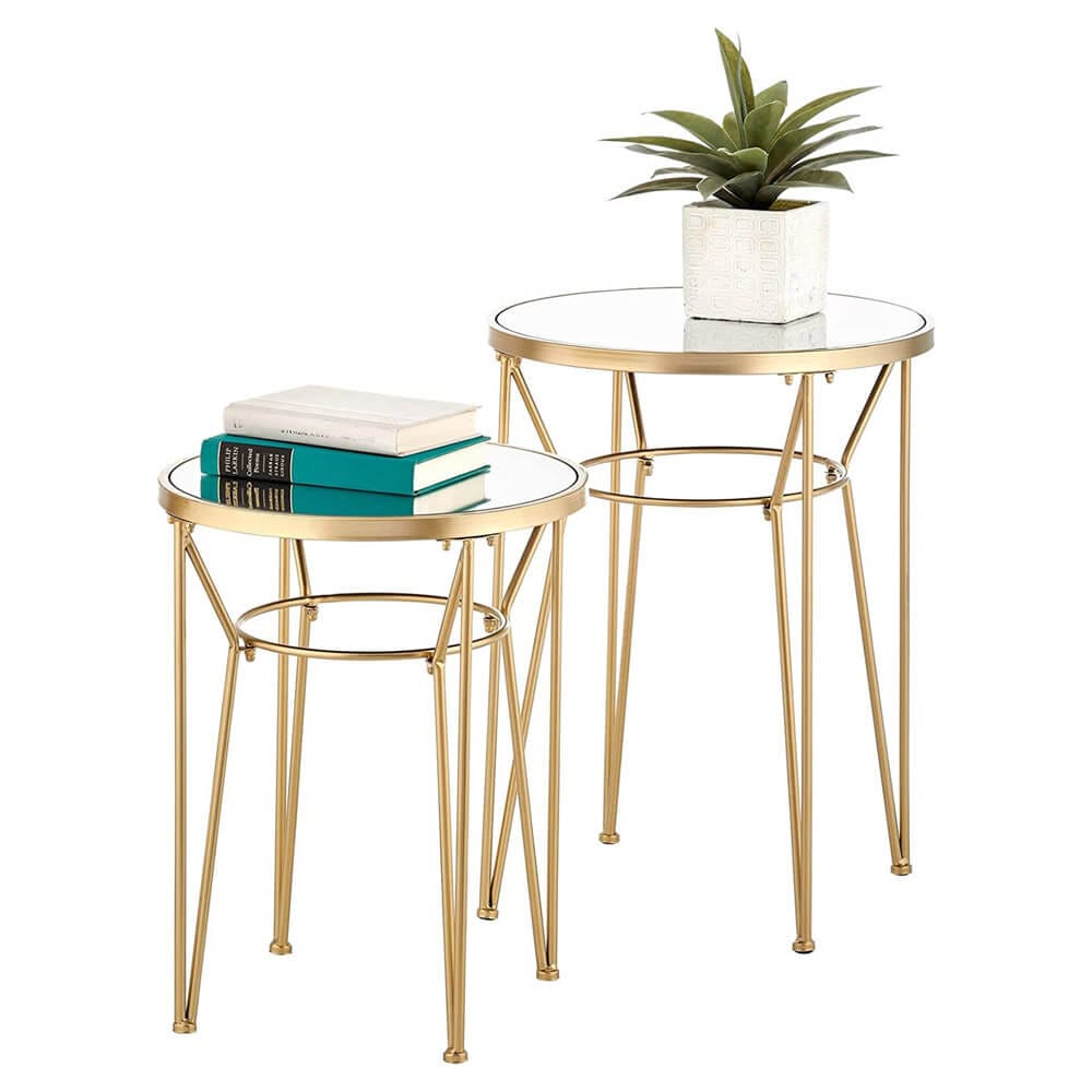 mDesign Round Metal Accent Table with Hairpin Legs, Set of 2, Soft Brass/Mirror