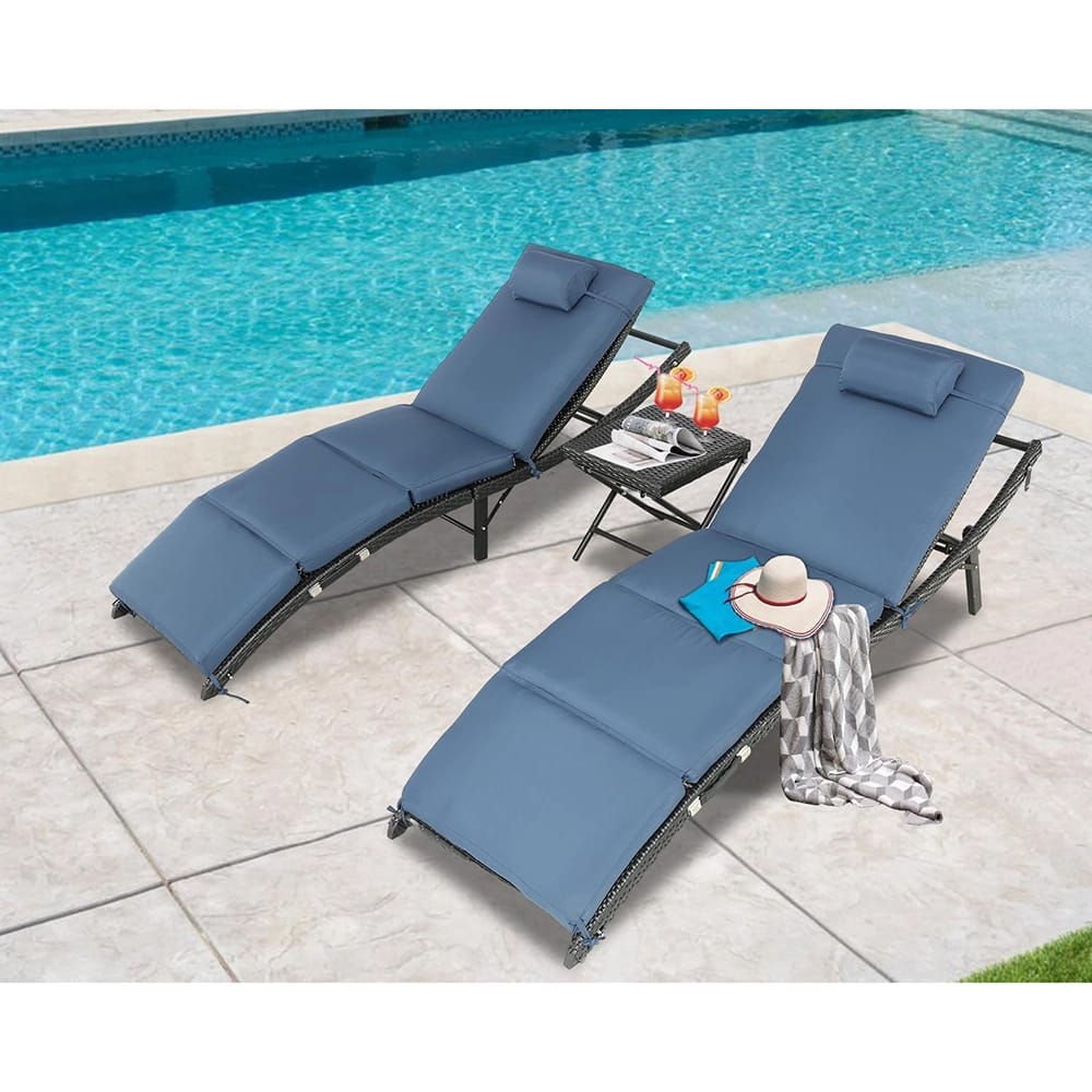Patio Chaise Lounge Chairs Set, Blue, 3-Piece Set