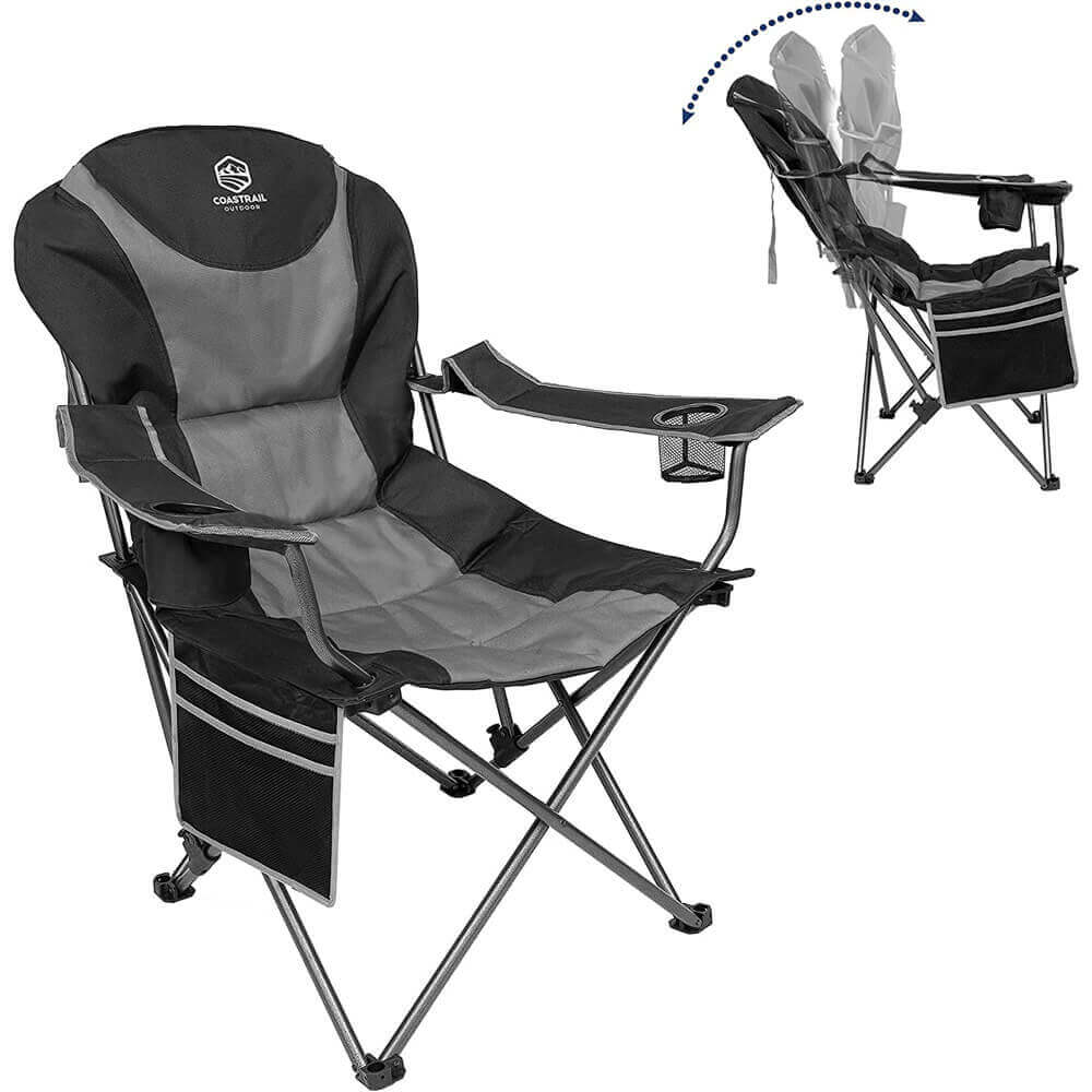 Coastrail Outdoor 3-Position Reclining Camp Chair with Cup Holders, Black/Gray