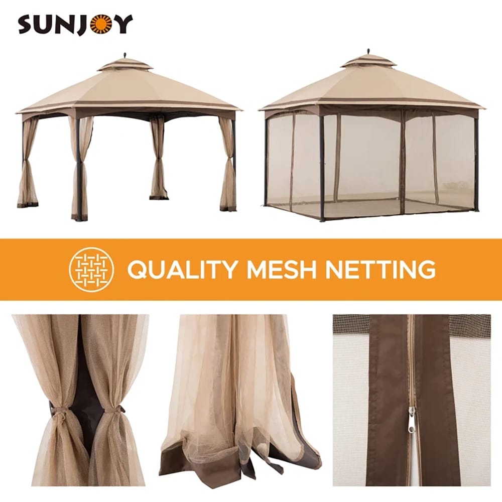 Sunjoy Metal Soft Top 2-Tier Steel Gazebo, 12.8' x 10.5', Tan/Brown