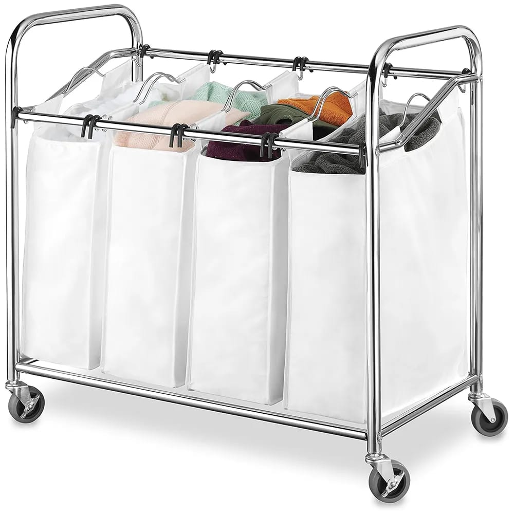 Whitmor 4-Section Rolling Laundry Sorter, White