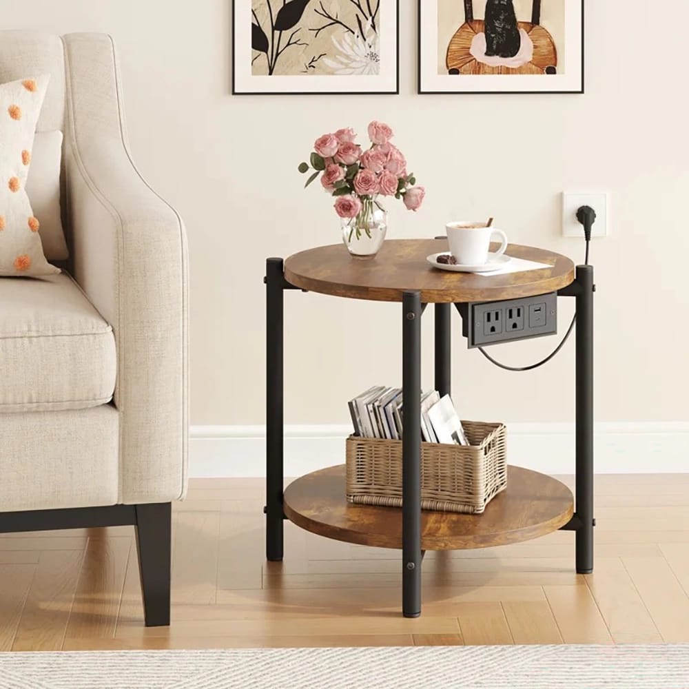 LIKIMIO 15.8" Double-Tiered Round End Tables with Charging Station, Brown