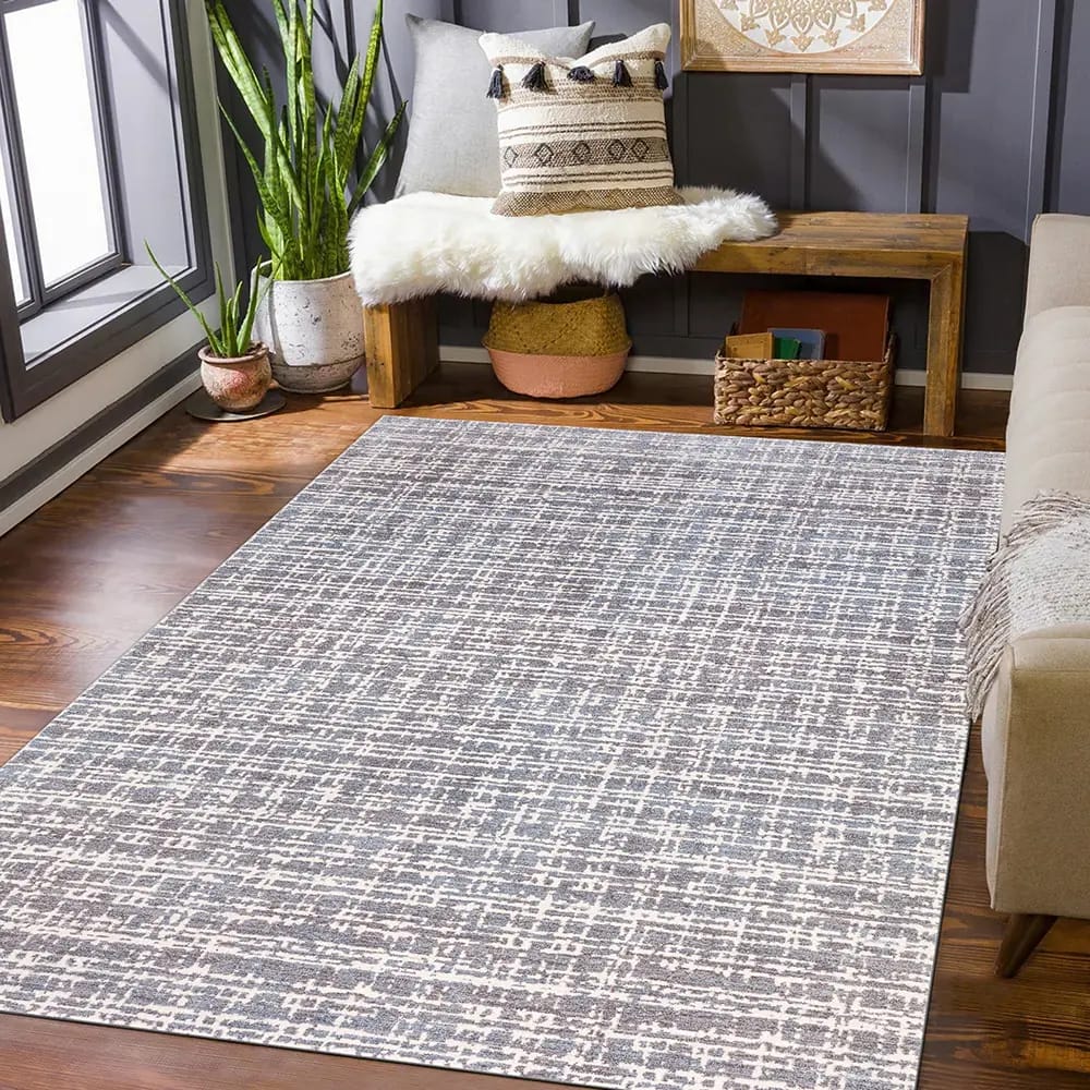 Hazel Collection 9' x 12' Grid Area Rug, Blue, Ivory & Gray