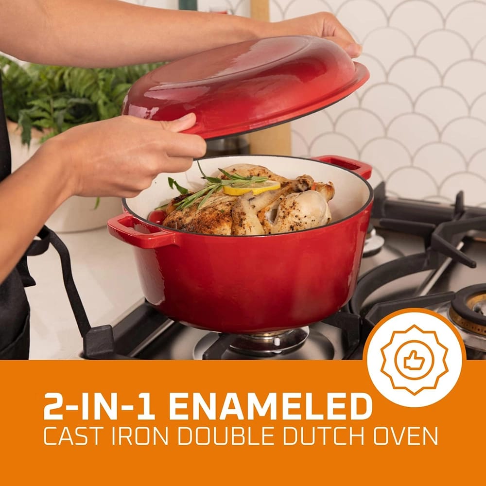 Bruntmor 5 Quart 2-in-1 Cast Iron Dutch Oven with Handles, Red