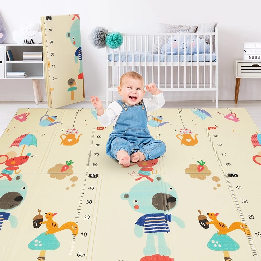 Foldable Baby Crawling Play Mat, Cartoon Bear Pattern, 77" x 70"