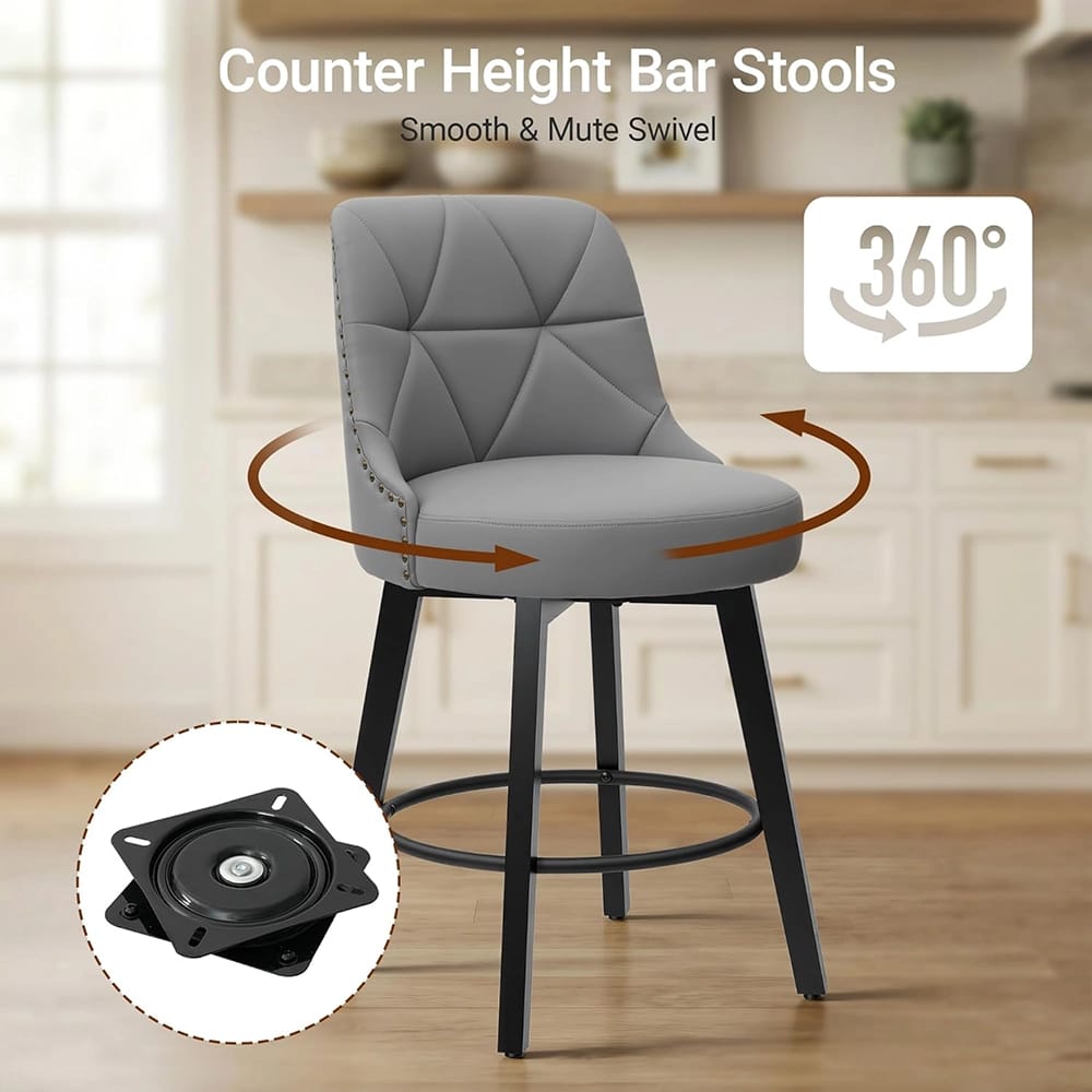 Polarisys 26" Faux Leather Swivel Bar Stool, Gray, Set of 2