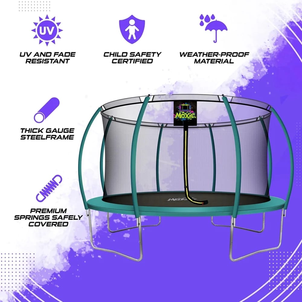 Machrus Moxie Pumpkin-Shaped Outdoor Trampoline Set with Premium Top-Ring Frame Safety Enclosure, Dark Green, 14'
