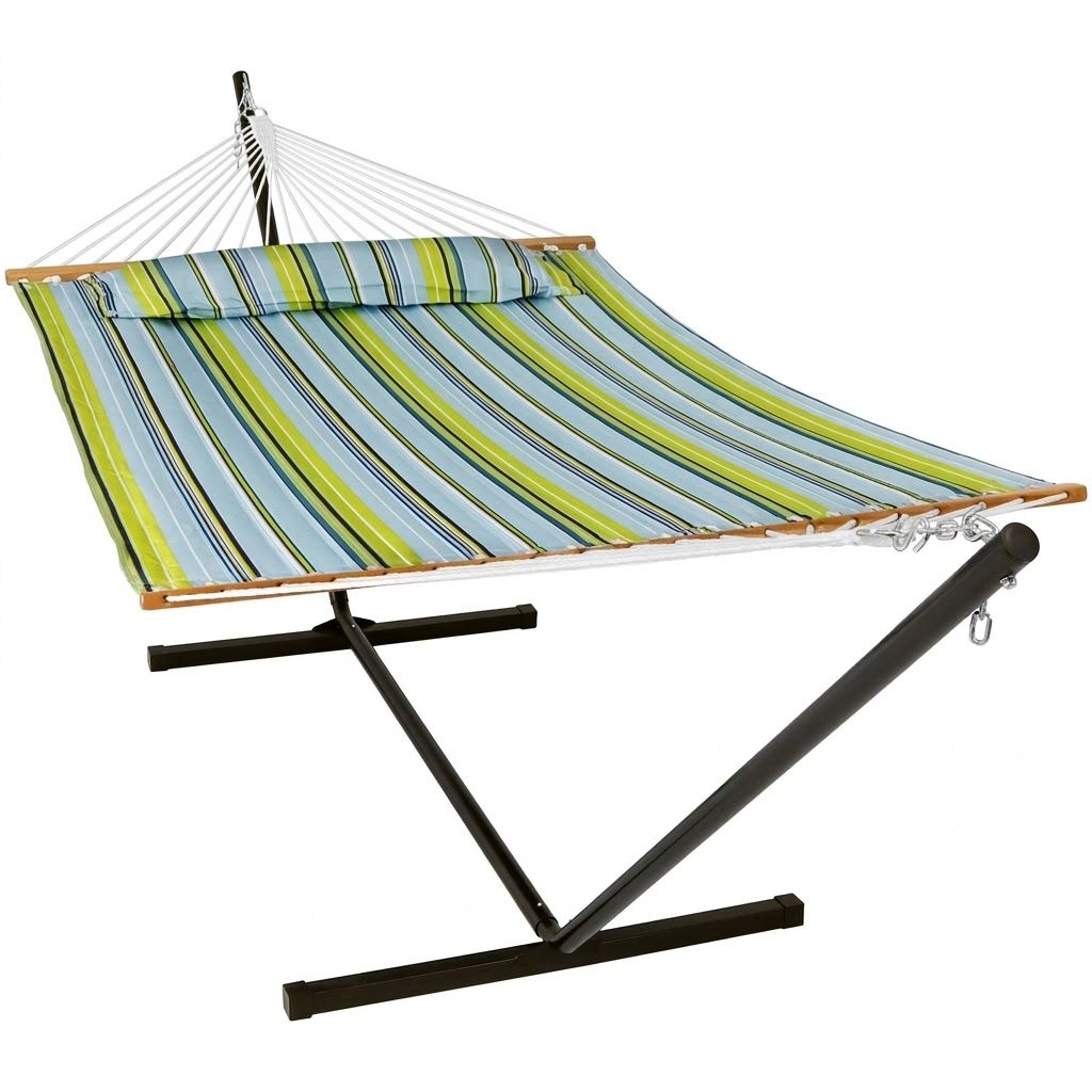 Sunnydaze 2-Person Outdoor Hammock with Stand, Blue/Green Stripe