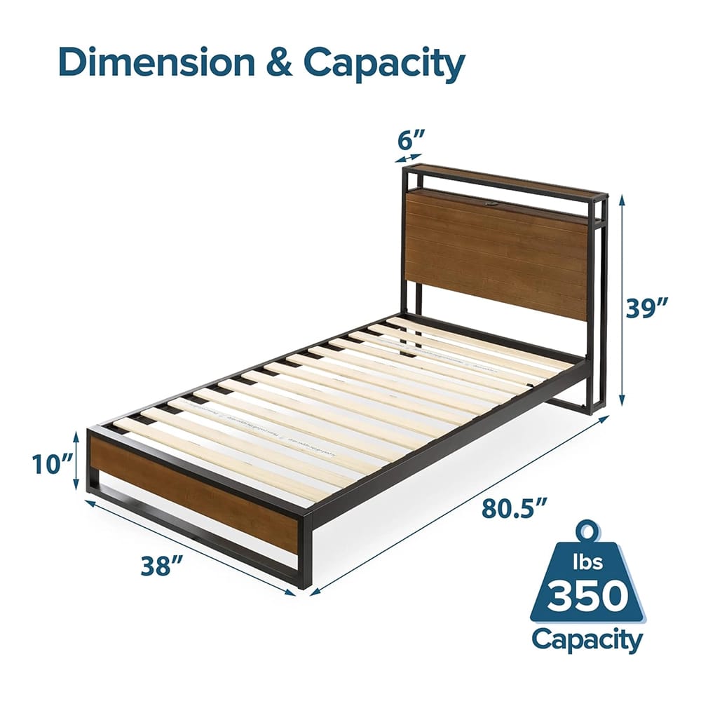 Zinus Suzanne Platform Bed with Headboard Shelf, Twin, Brown/Black