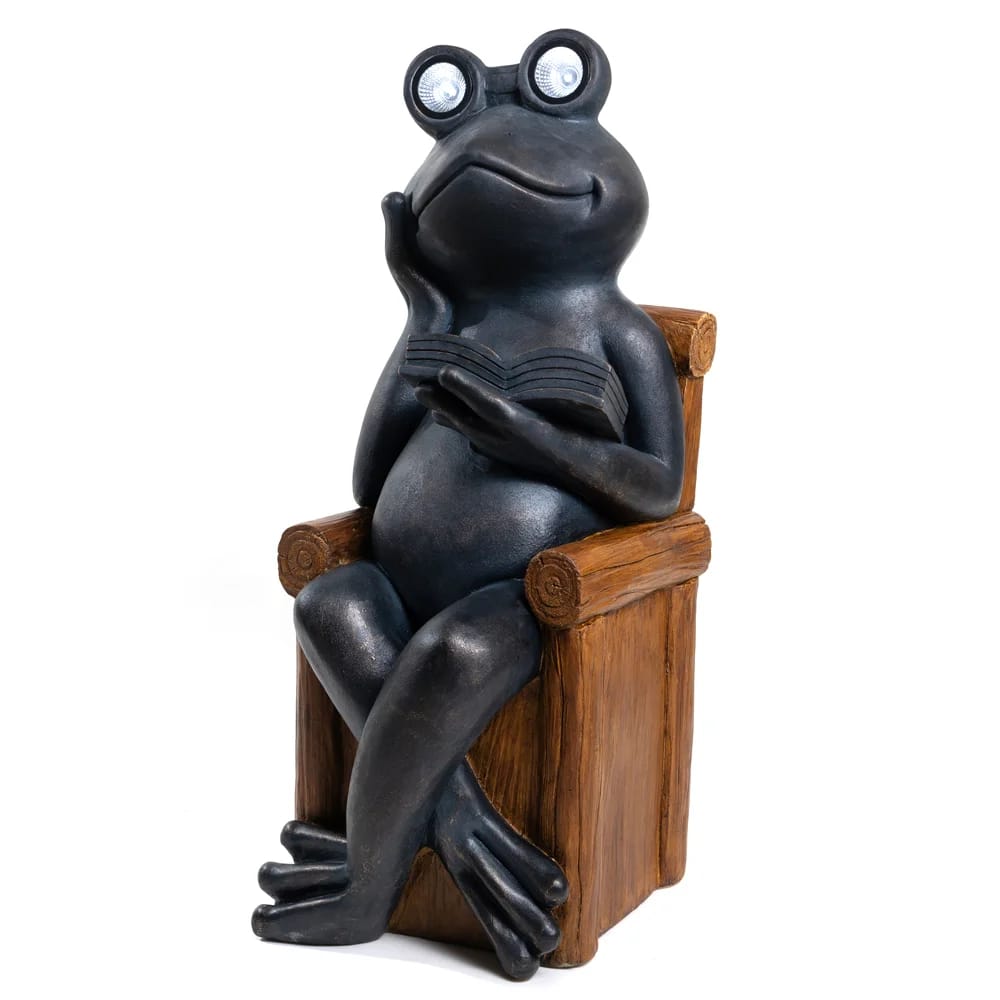 34" Reading Frog Solar Garden Statue