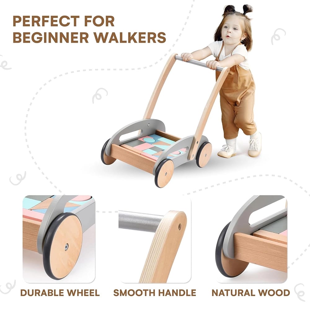 Childlike Behavior Wooden Baby Push Walker with Wheels, Gray