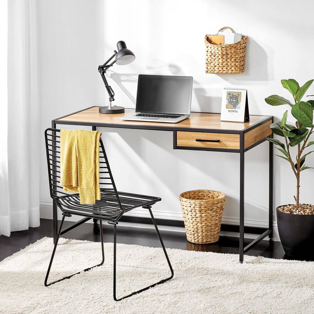 mDesign Metal & Wood Home Office Desk with Right-Hand Drawer, Black/Nordic Walnut