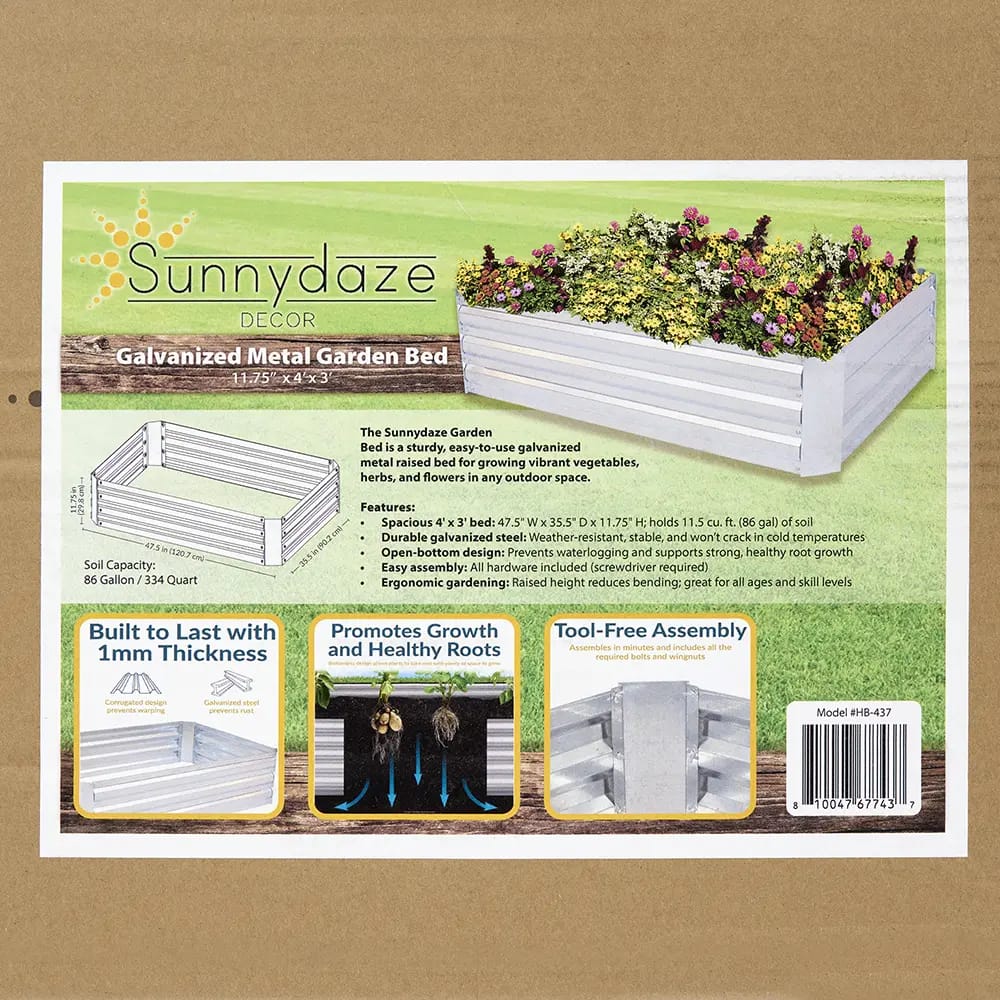 Sunnydaze Galvanized Raised Metal Garden Bed, Silver, 48" x 36" x 11.75"