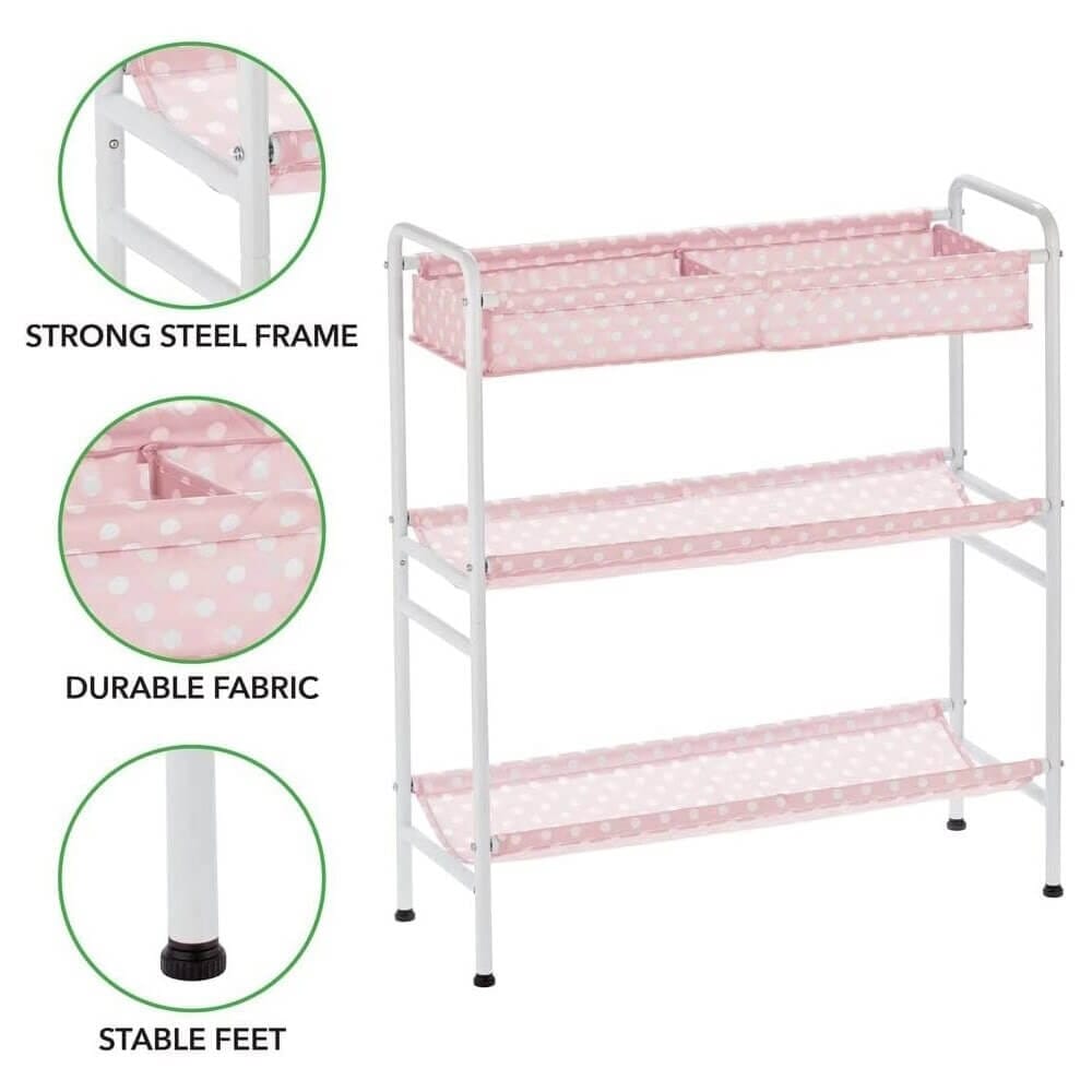 mDesign 3-Tier Kids Toy Box Storage Cart, Pink/White Polka Dot