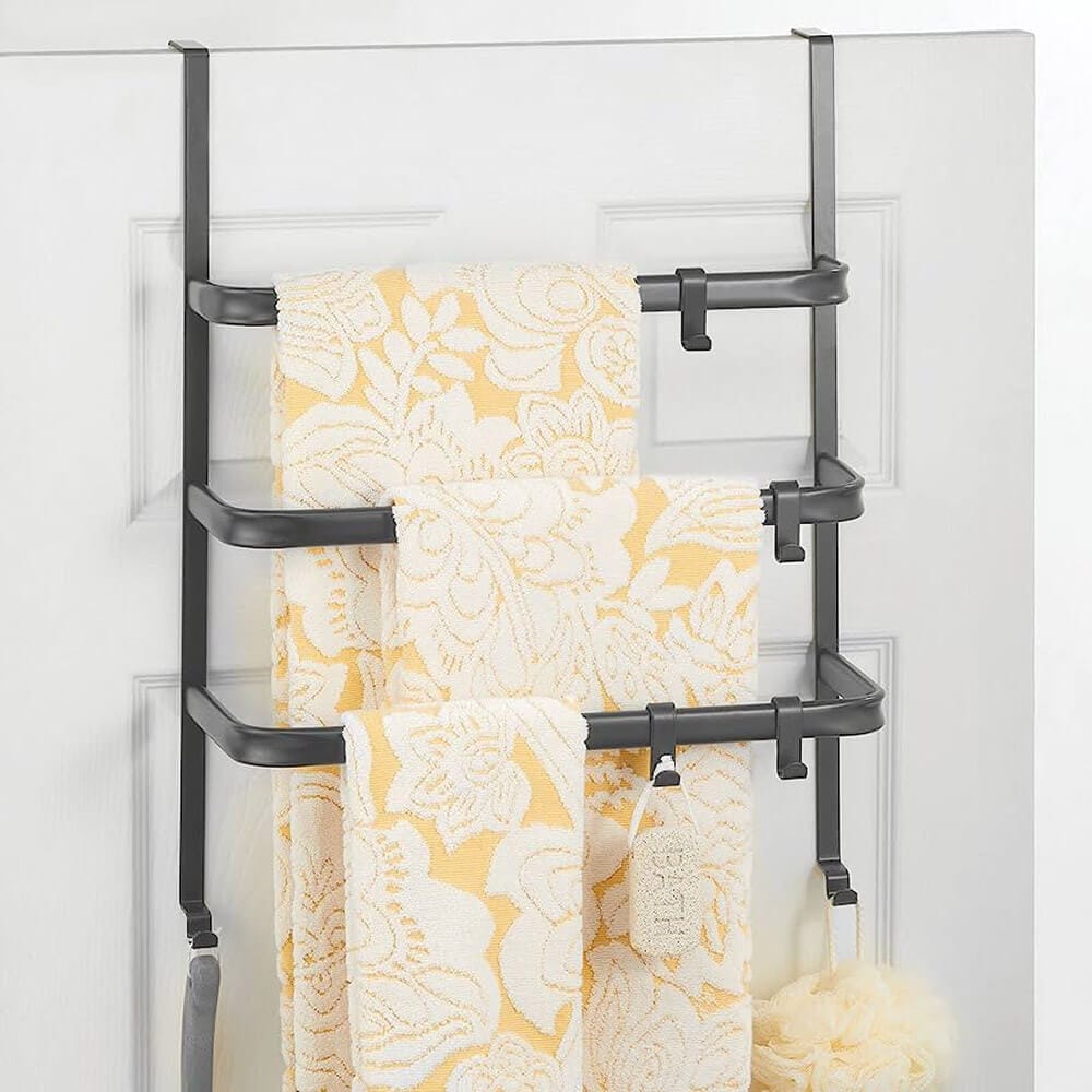 mDesign Metal Over the Door Towel Rack with 4 Adjustable Hooks, Graphite