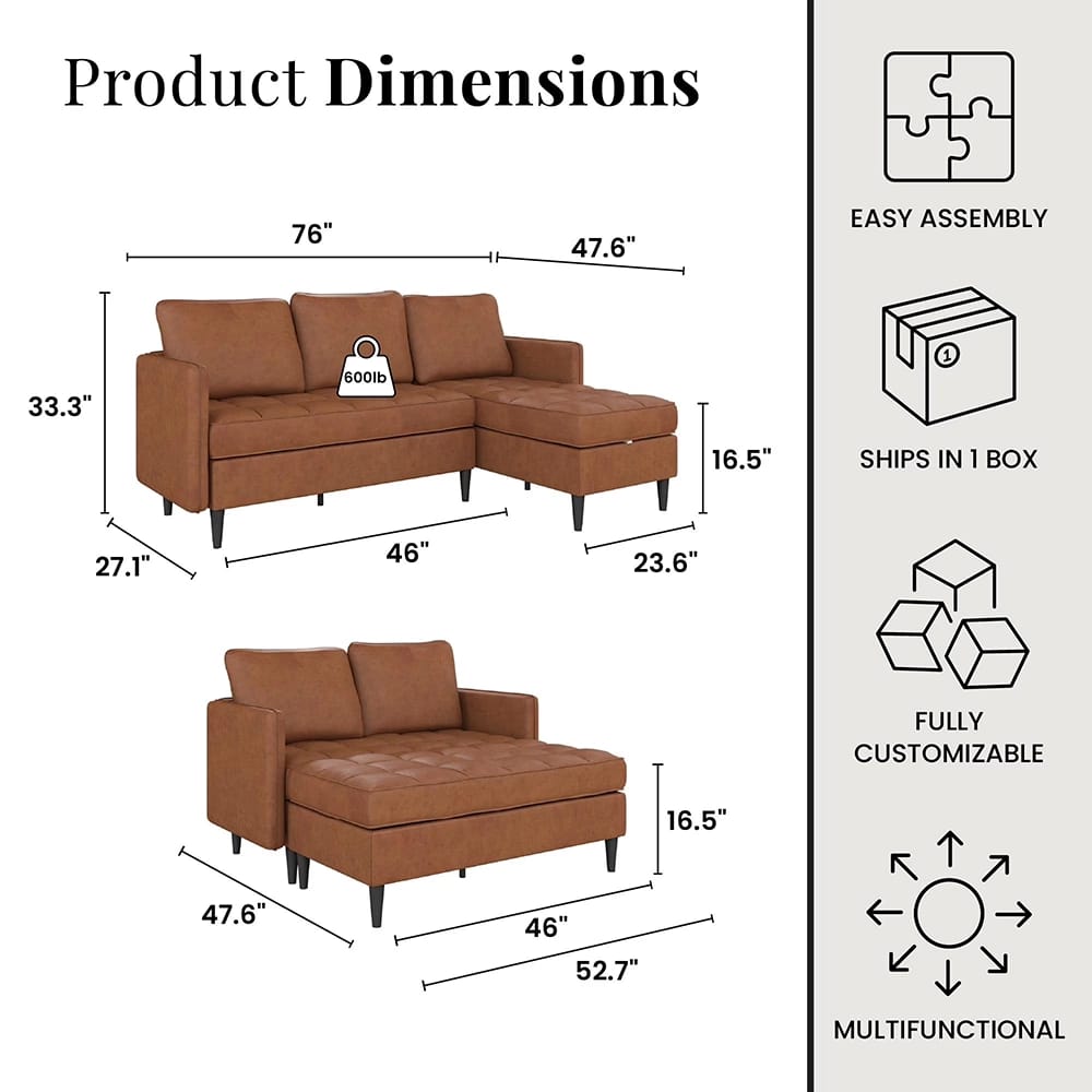 Dorel Home Xandor Modular Sectional Sofa with Storage Chaise, Camel Faux Leather