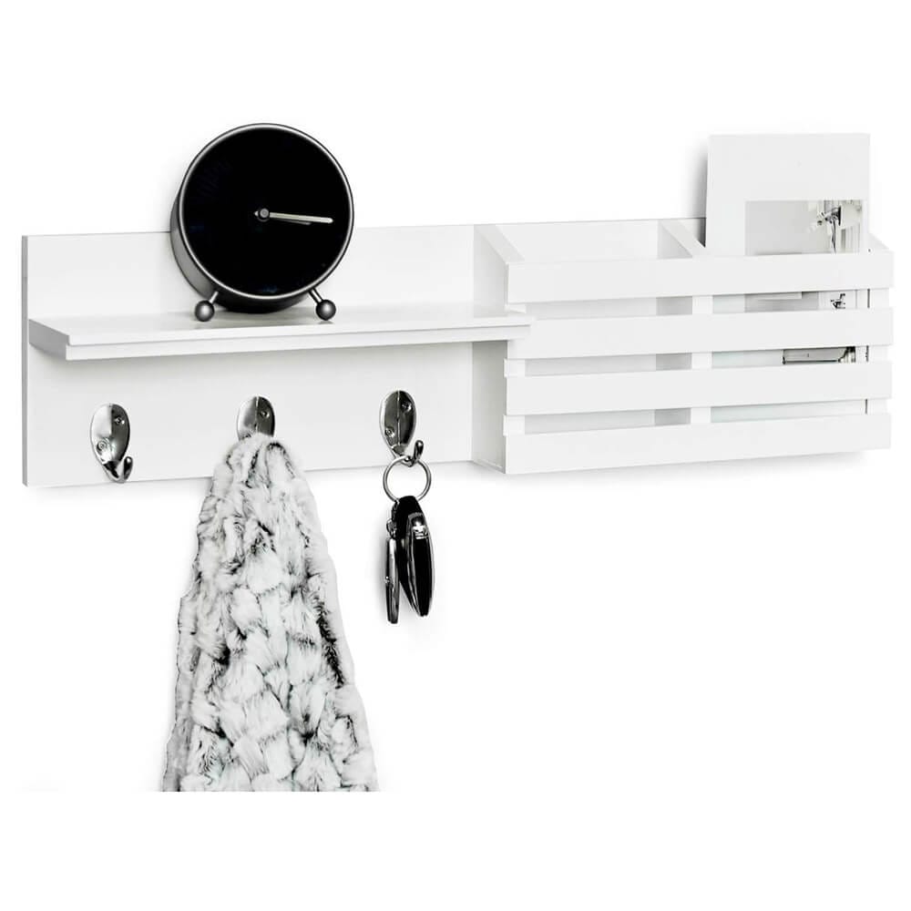 Greenco Entryway Wall-Mounted Floating Shelf with 3 Hooks, Letter Holder & Hanging Shelf, White