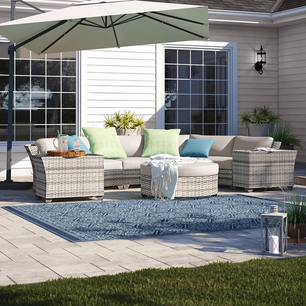 TK Classics 6-Piece Rattan Sectional Seating Group with Cushions, Vanilla Creme/Beige