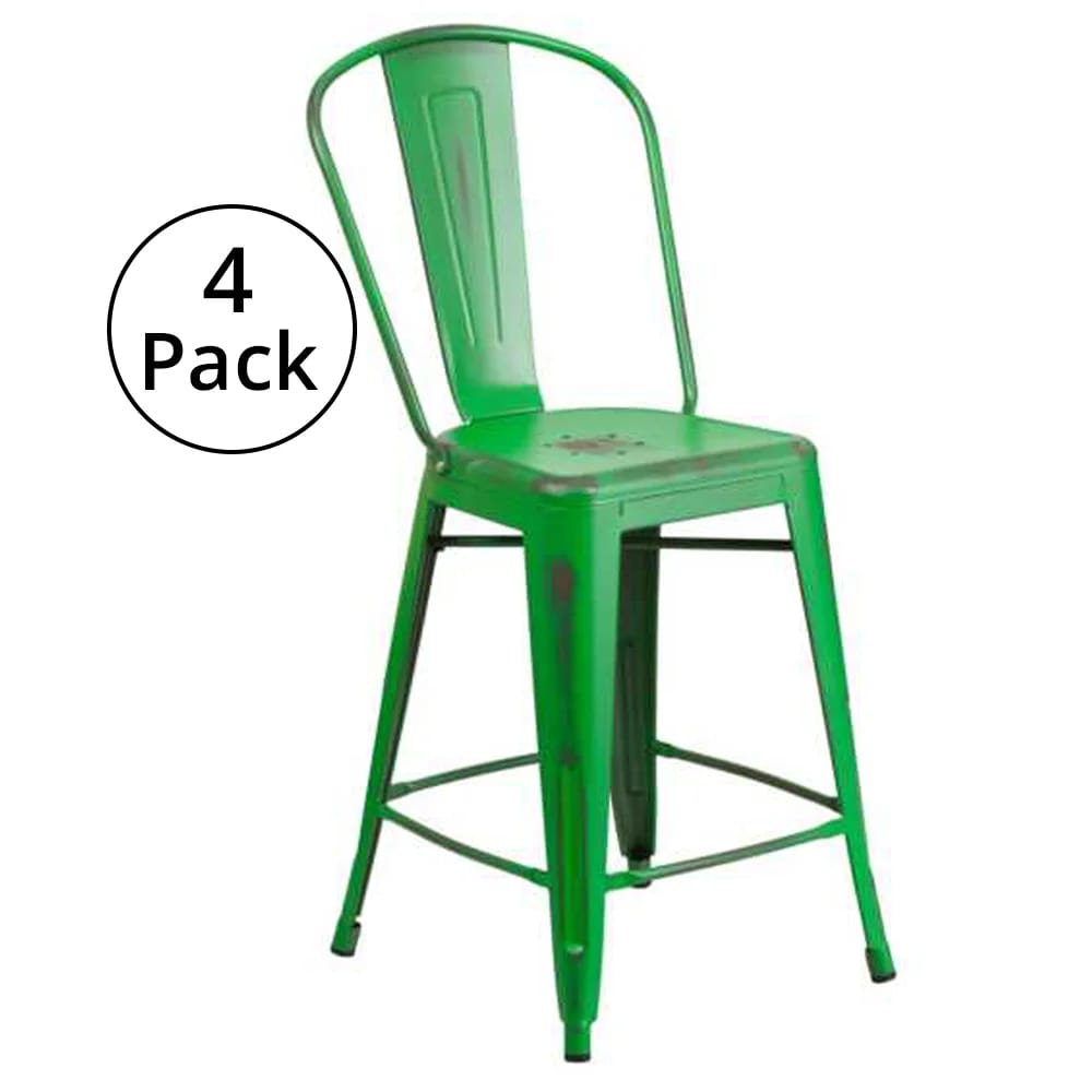 Flash Furniture Metal Indoor/Outdoor Counter Height Stool, Distressed Green, 4 Pack