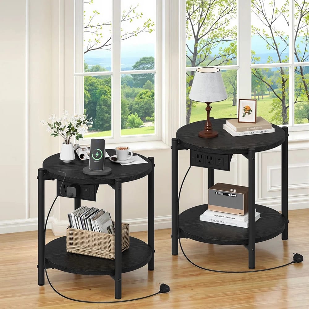 LIKIMIO 15.8" Double-Tiered Round End Tables with Charging Station, Black, 2 Count