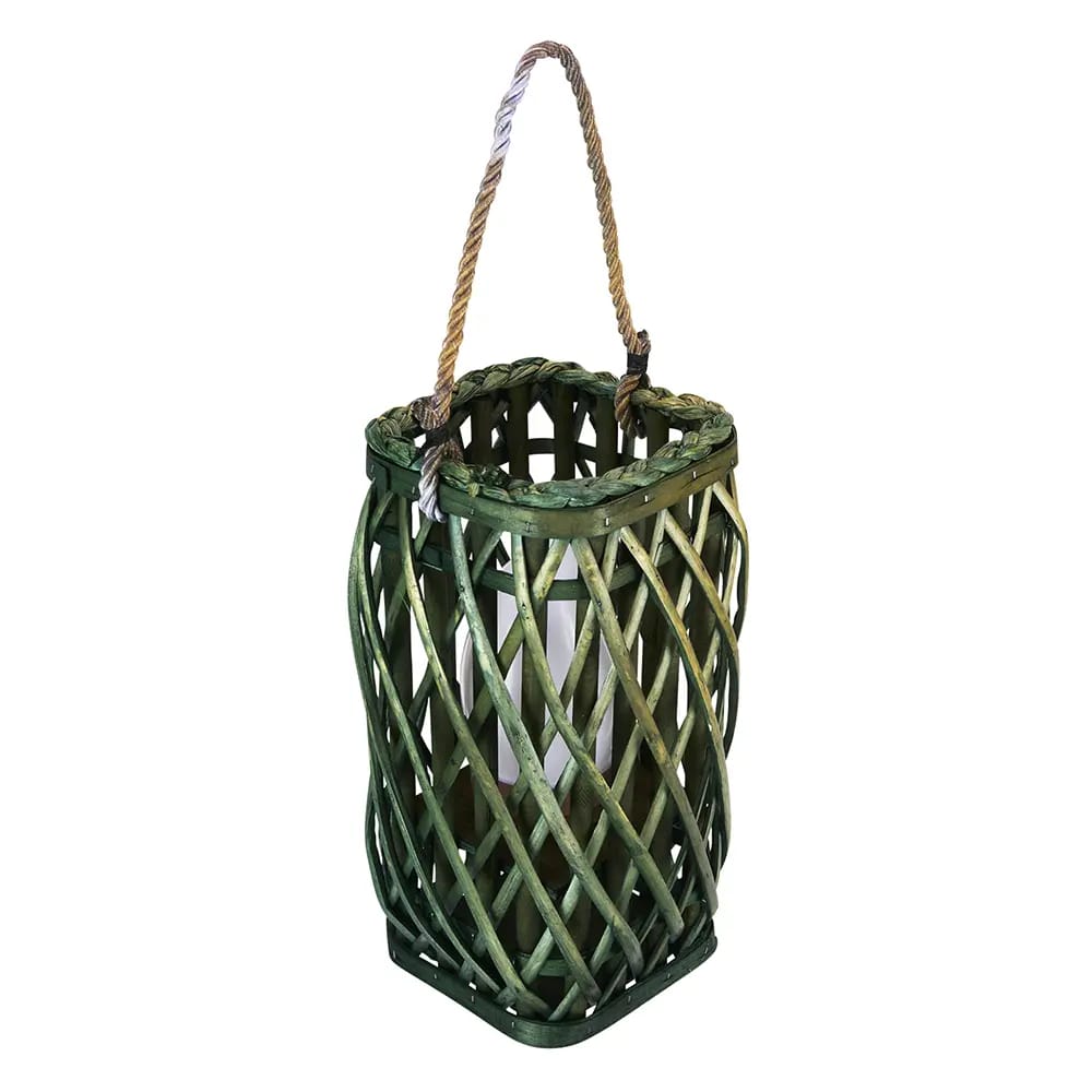 Barbara King Square Wicker Lantern With Remote, Green, 12"
