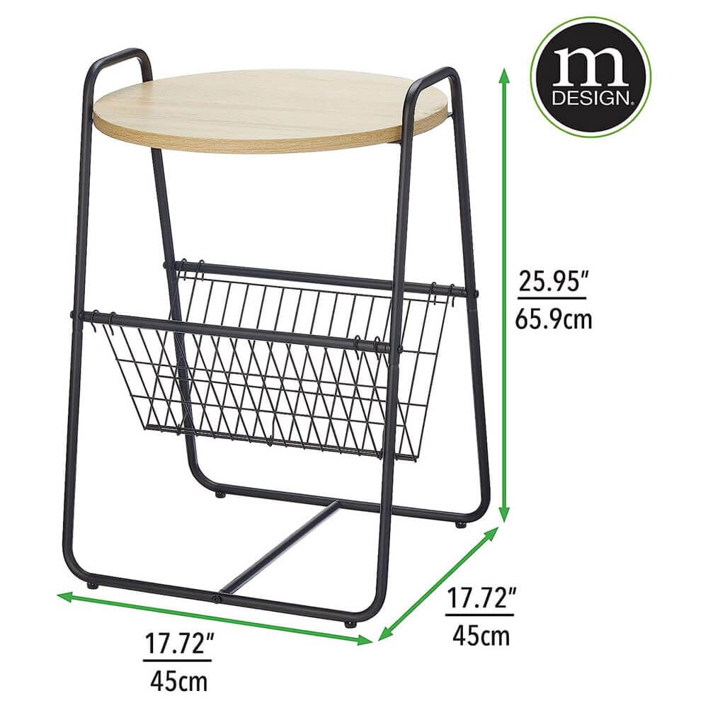 mDesign Industrial Round Side Table with Wire Storage Basket, Black/Natural