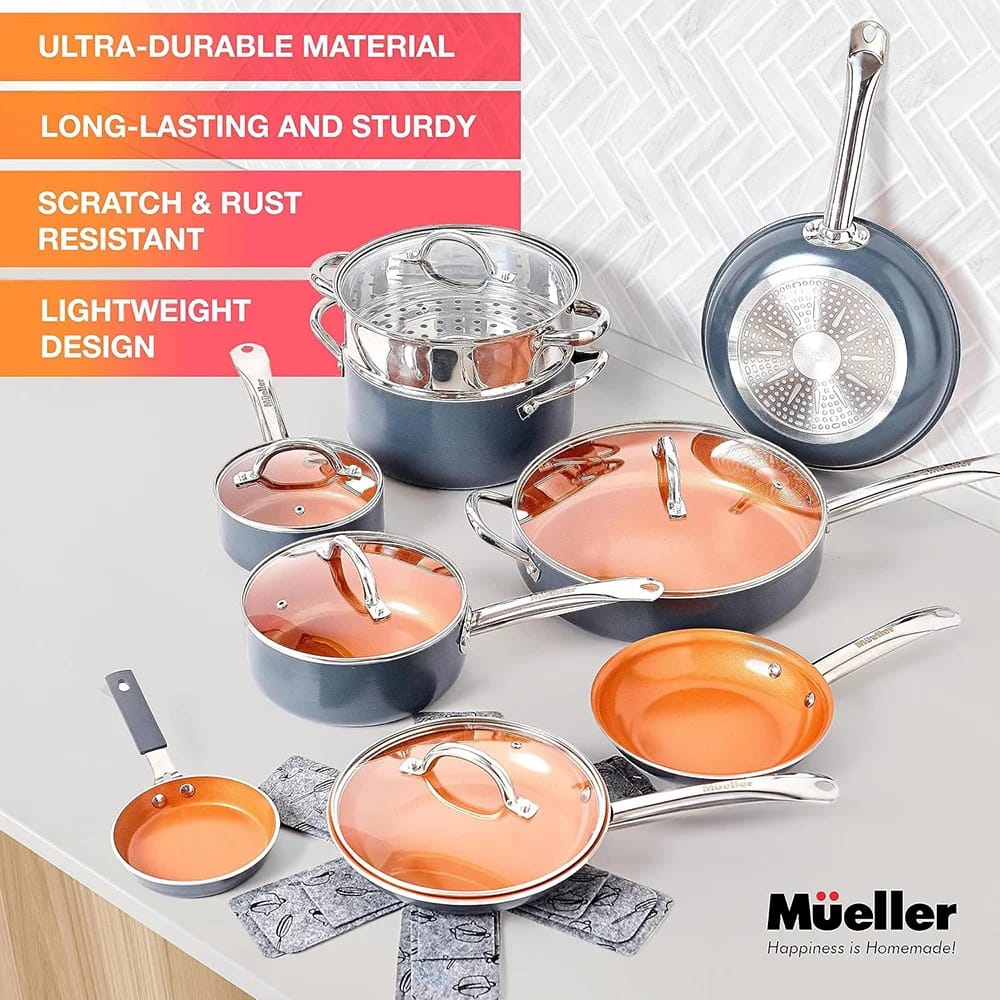 Mueller UltraClad 14-Piece Kitchen Cookware Set, Copper