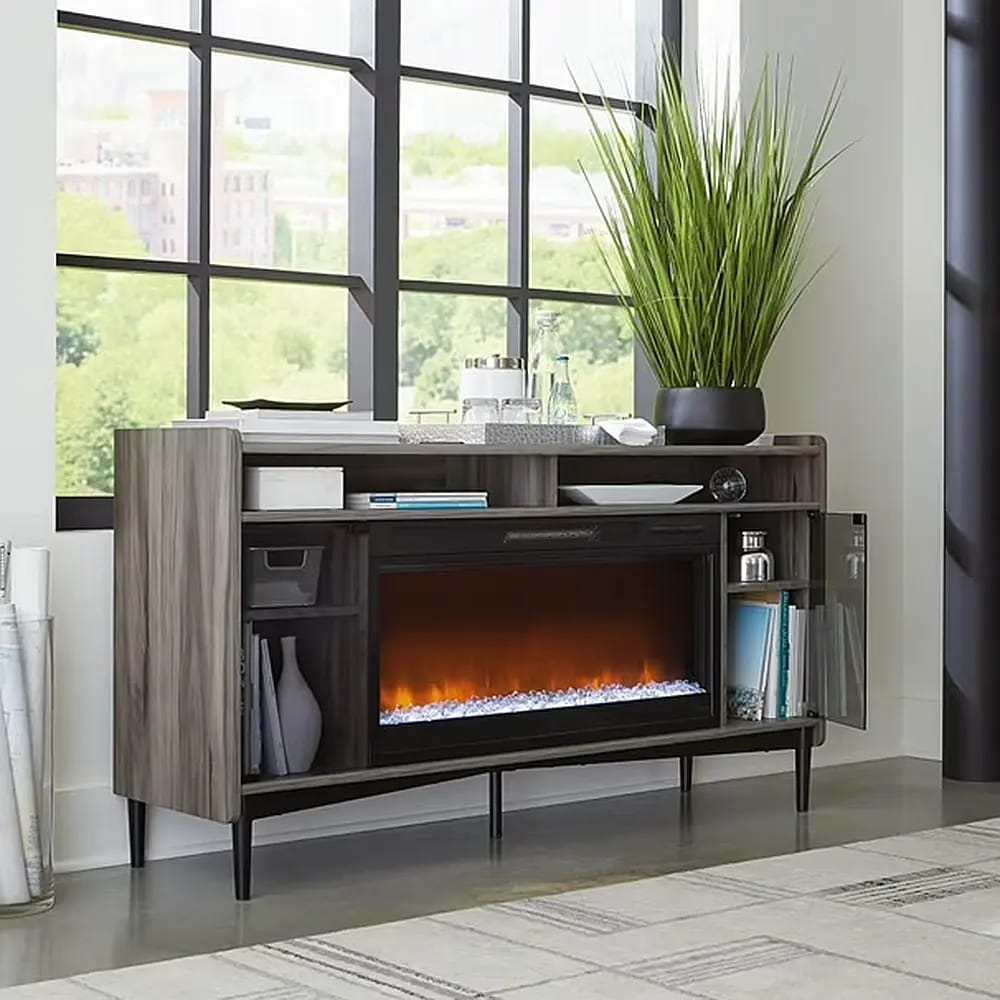 Sauder Harvey Park Fireplace TV Credenza with Glass Doors, Jet Acacia