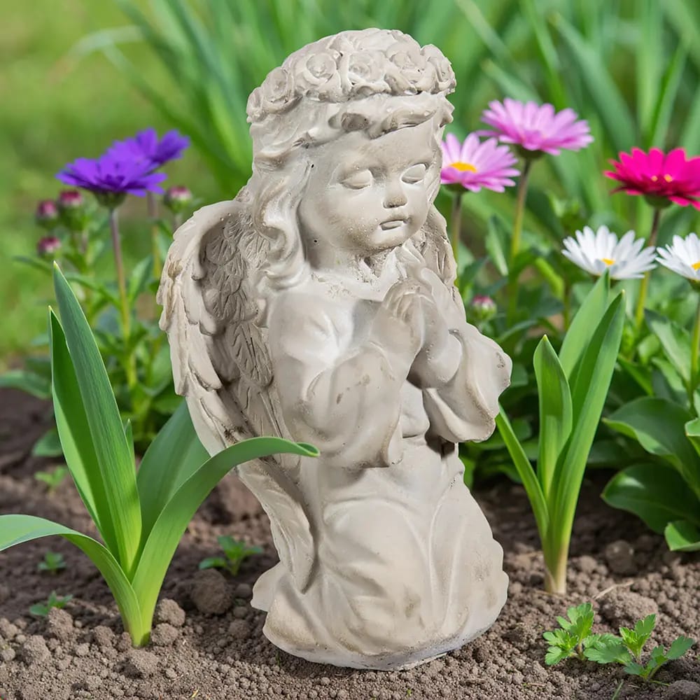 Praying Cherubim Girl Cement Statue, Gray