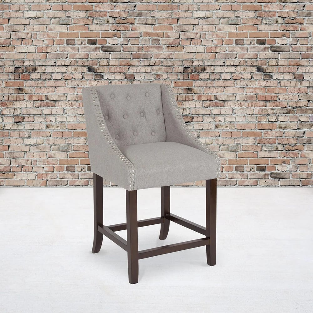 Carmel Series 24" High Tufted Walnut Counter Height Stool, Light Gray, 2 Count