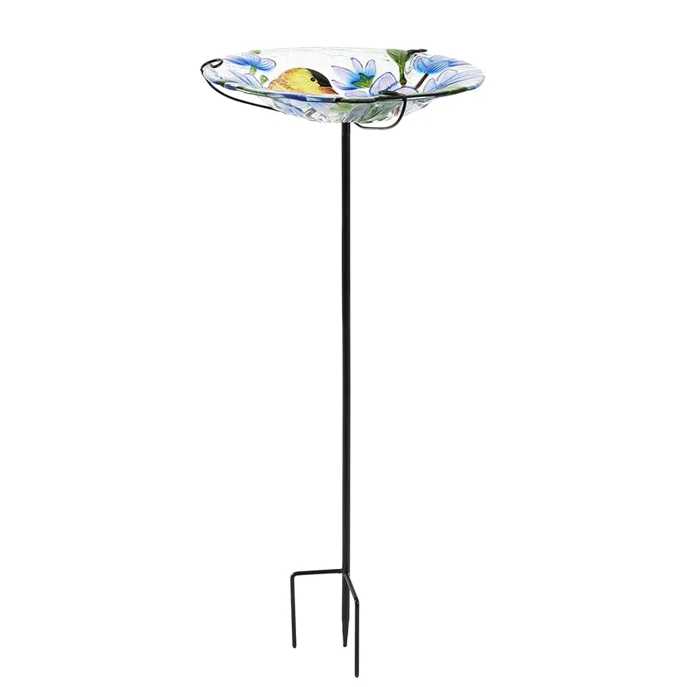Glass Gold Finch & Flowers Bird Bath, 12"