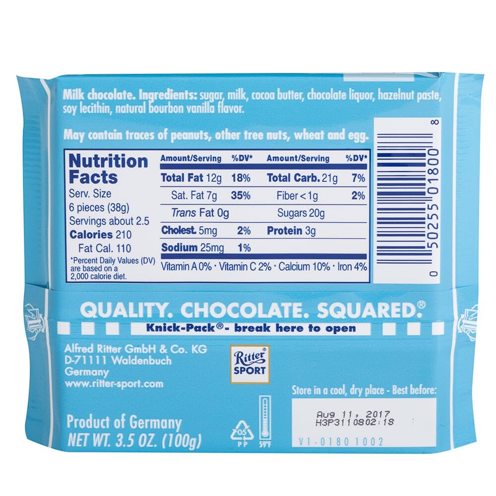 Ritter Sport Alpine Milk Chocolate, 3.5 oz