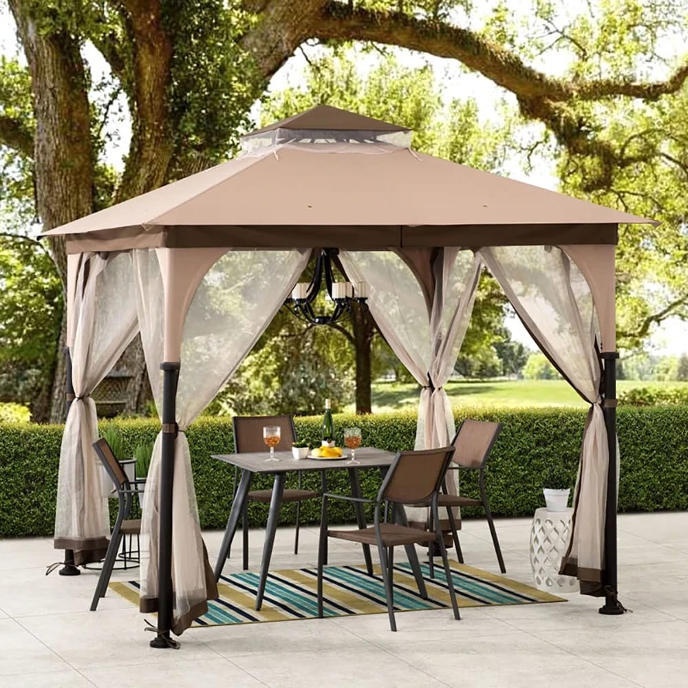 Sunjoy Outdoor Patio 2-Tier Steel Soft Top Gazebo with Ceiling Hook and Netting, 9.5' x 9.5, Brown