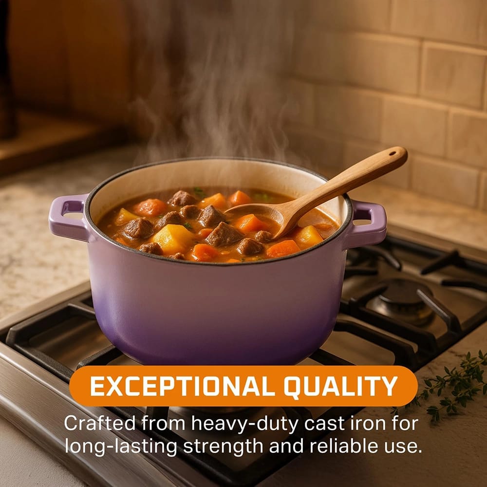 Bruntmor 5 Quart 2-in-1 Cast Iron Dutch Oven with Handles, Purple