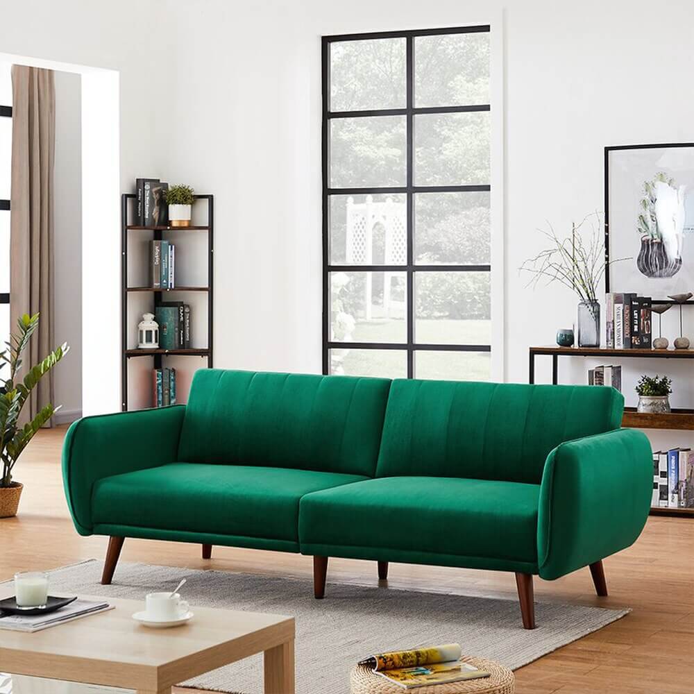 Velvet Square Arm Sleeper Sofa, Green