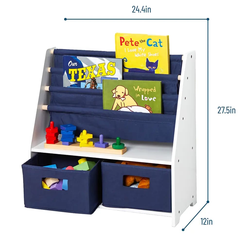 Wildkin Kids Canvas Bookshelf with Storage, White/Blue