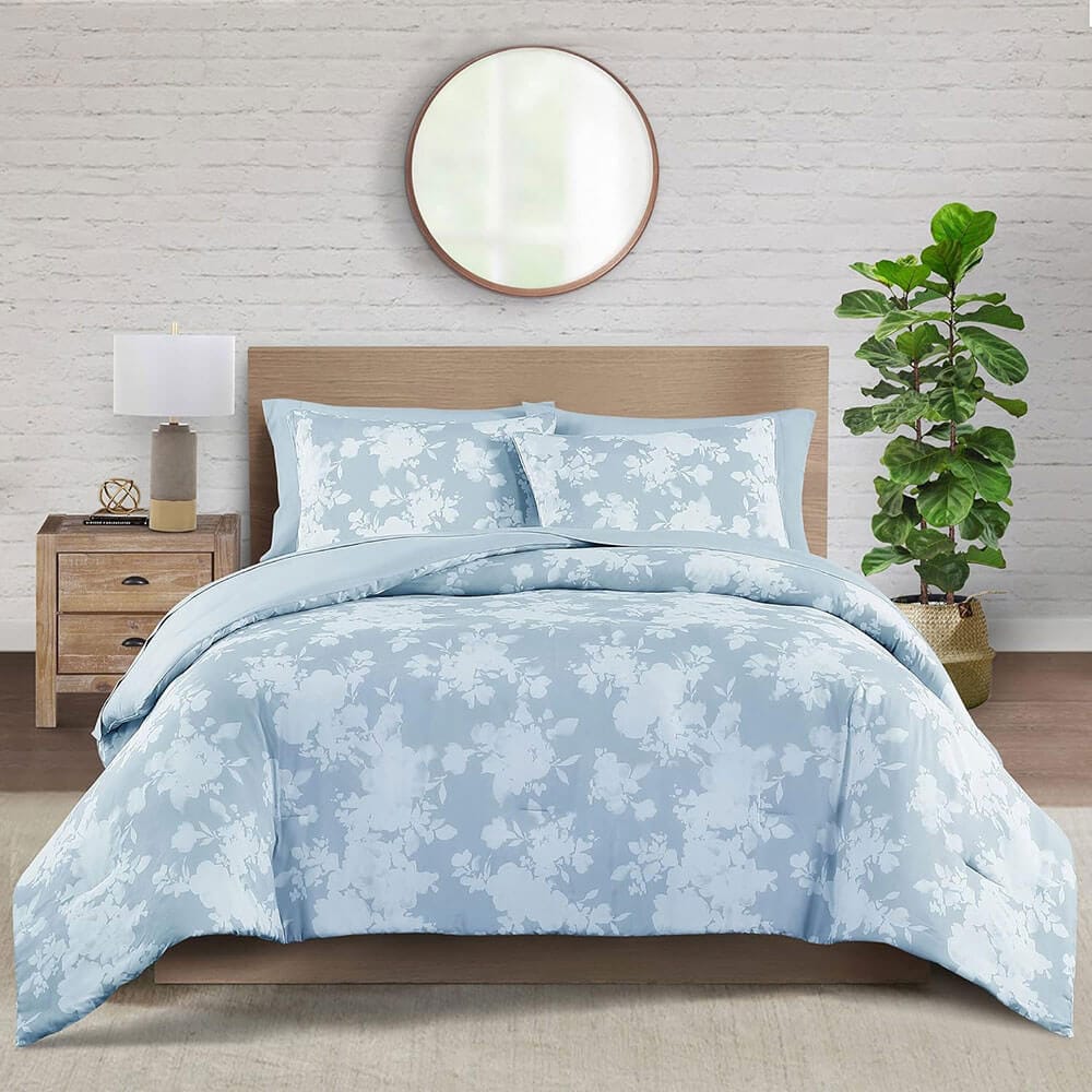 WellBeing by Sunham Luxurious Blend 3-Piece Floral Printed Comforter Set, Full/Queen, Chambray