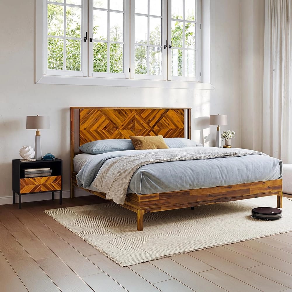 Bme Ethan King Size Bed Frame with Diamond Headboard, Rustic Caramel