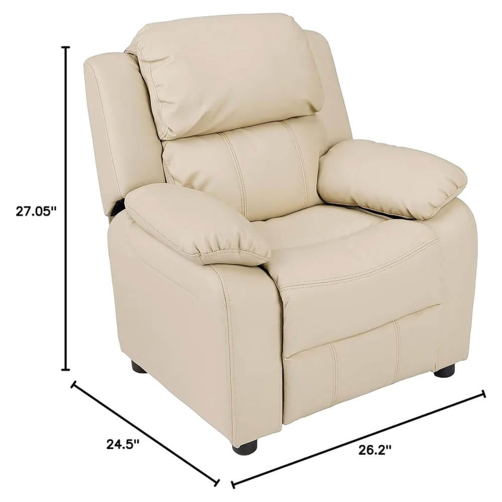 Faux Leather Youth Recliner with Armrest Storage, Beige