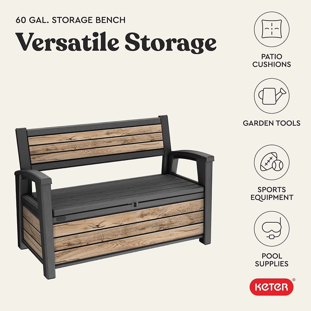 Keter 60-Gallon Resin Outdoor Storage Bench, Pine