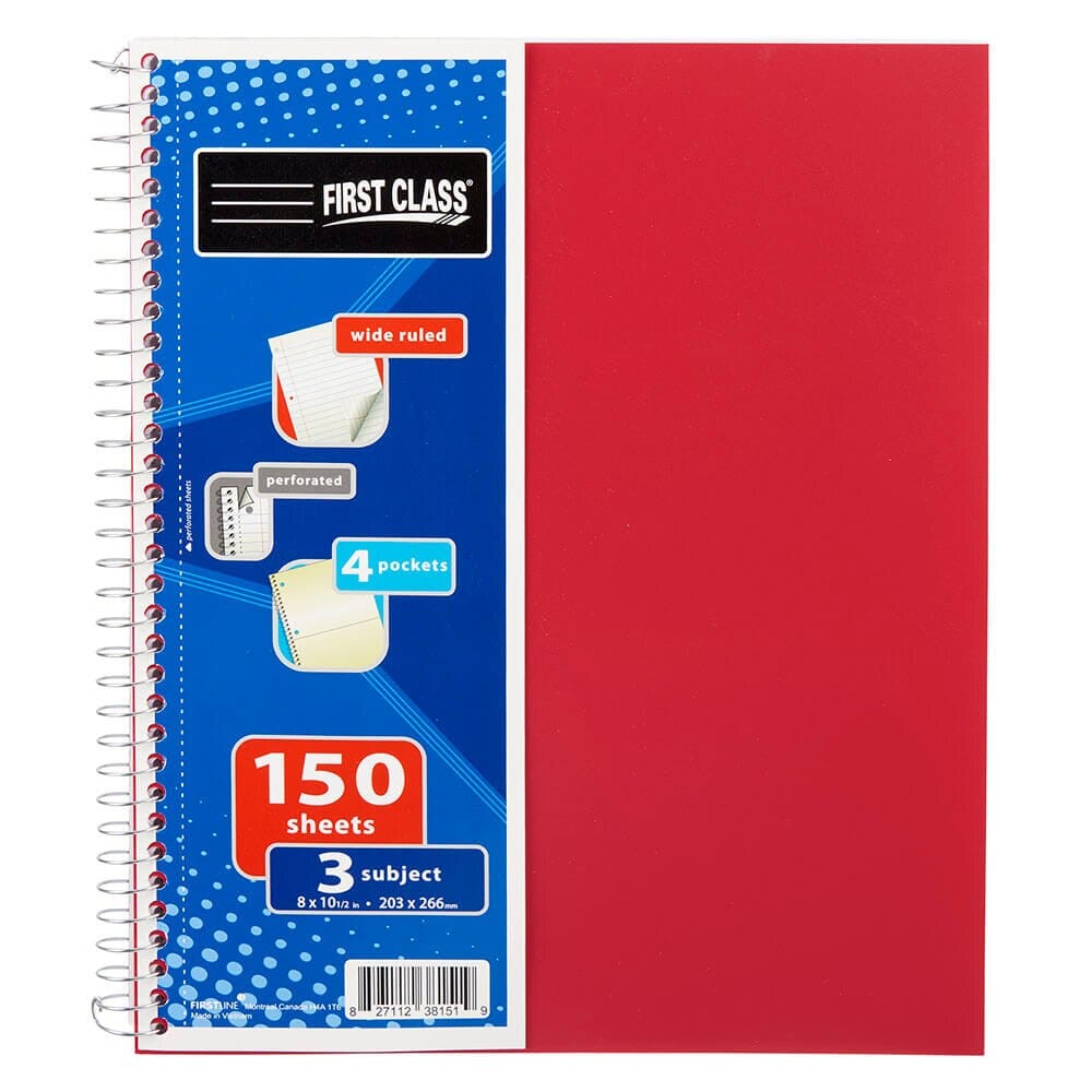 First Class Wide Ruled 3 Subject Spiral Notebook, 150 Sheets