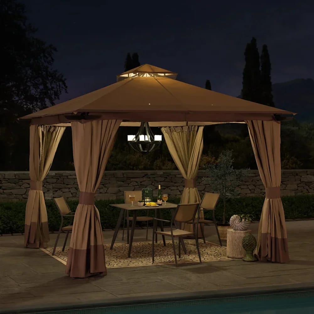 Sunjoy Aluminum Frame 2-Tier Steel Soft Top Gazebo, 12' x 12', Beige/Brown