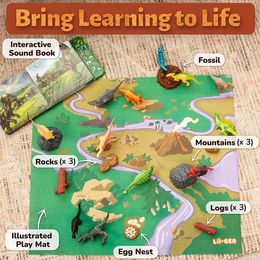 Li'l-Gen Dinosaur Toy Figures with Interactive Sound Book & Activity Play Mat