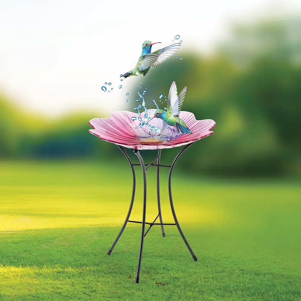 Pink Flower Glass Bird Bath, 16"