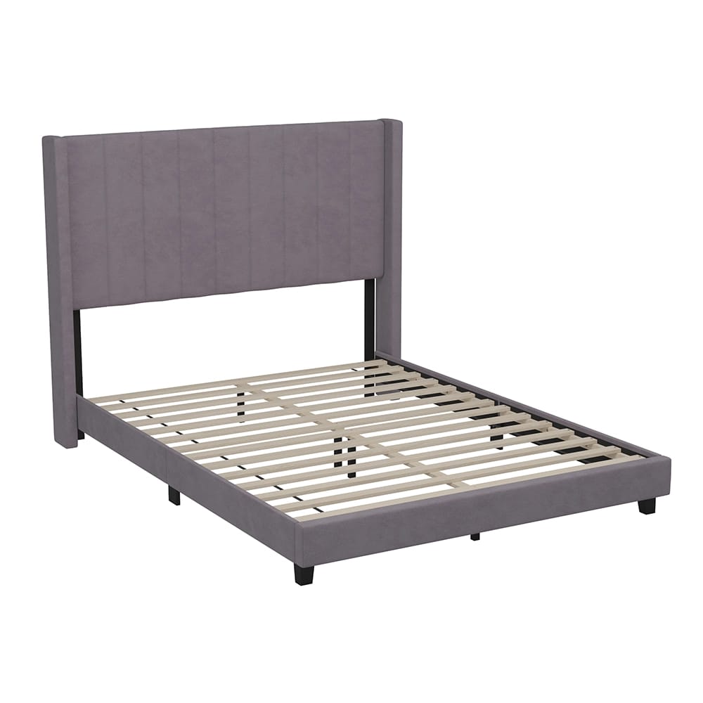 Bianca Upholstered Platform Bed with Vertical Stitched Wingback Headboard, Queen, Gray