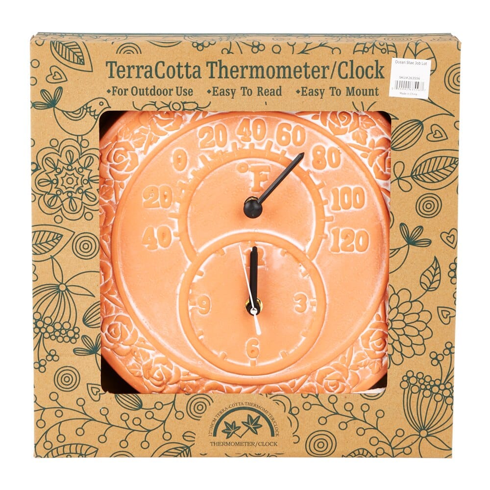 TerraCotta Thermometer and Clock, 12"