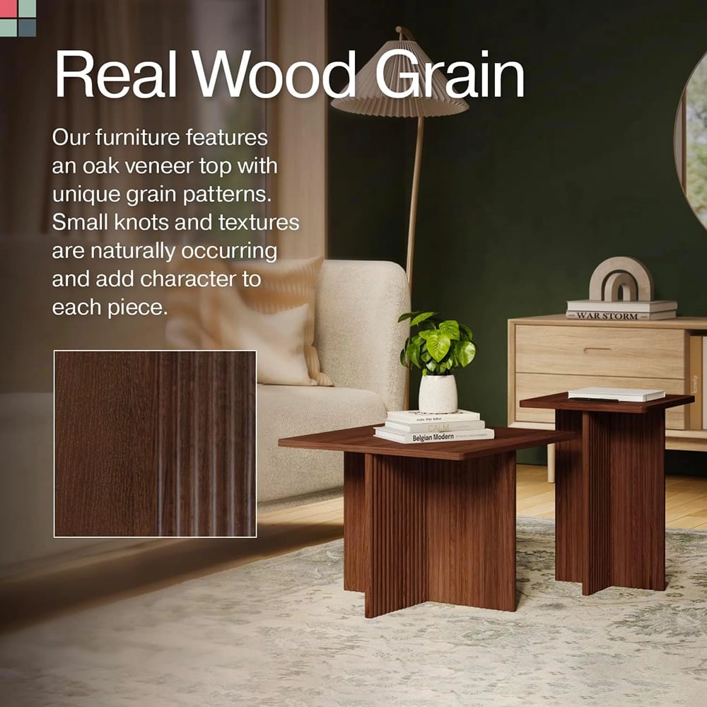 2-Piece Stead Square Fluted Nesting Coffee Table Set, Walnut