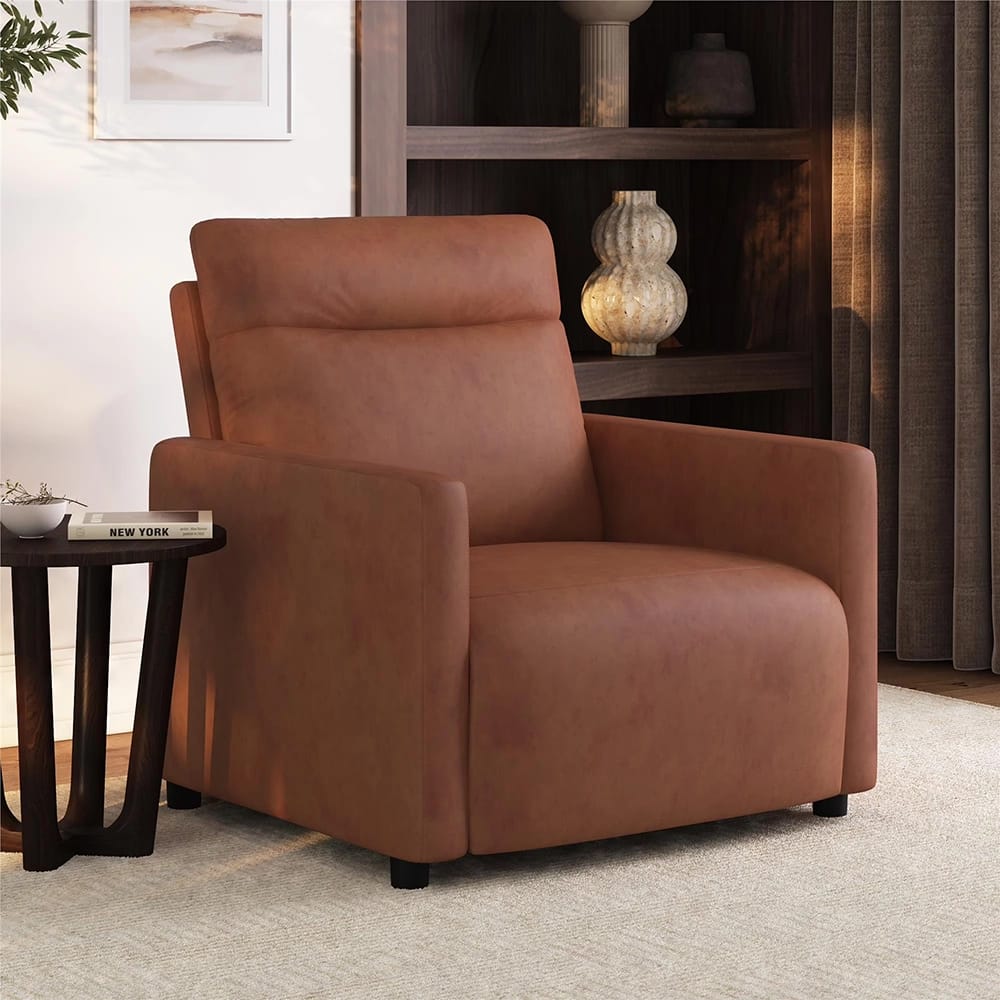Upholstered Power Recliner Chair, Light Brown Faux Leather
